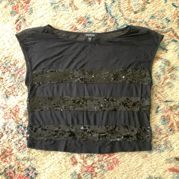 CLOSET CLOSING Bebe black mesh sequin top - Picture 1 of 7